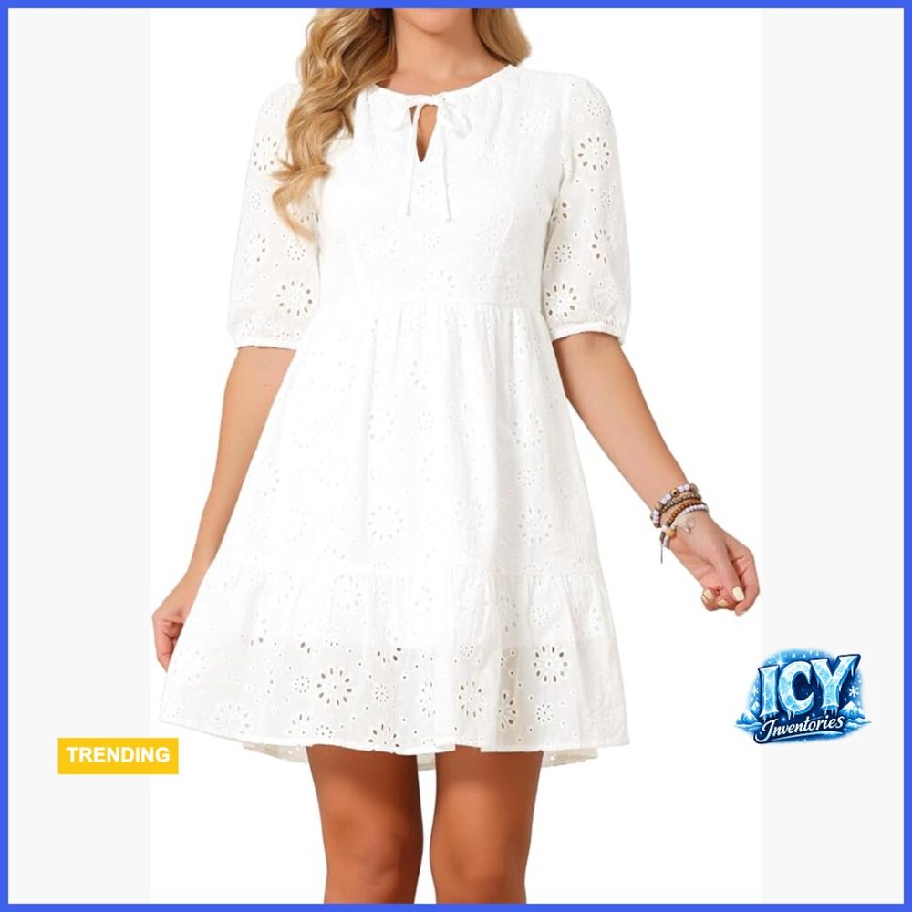 Cotton Eyelet Dress, V Neck Half Sleeve A Line Tiered Mini
